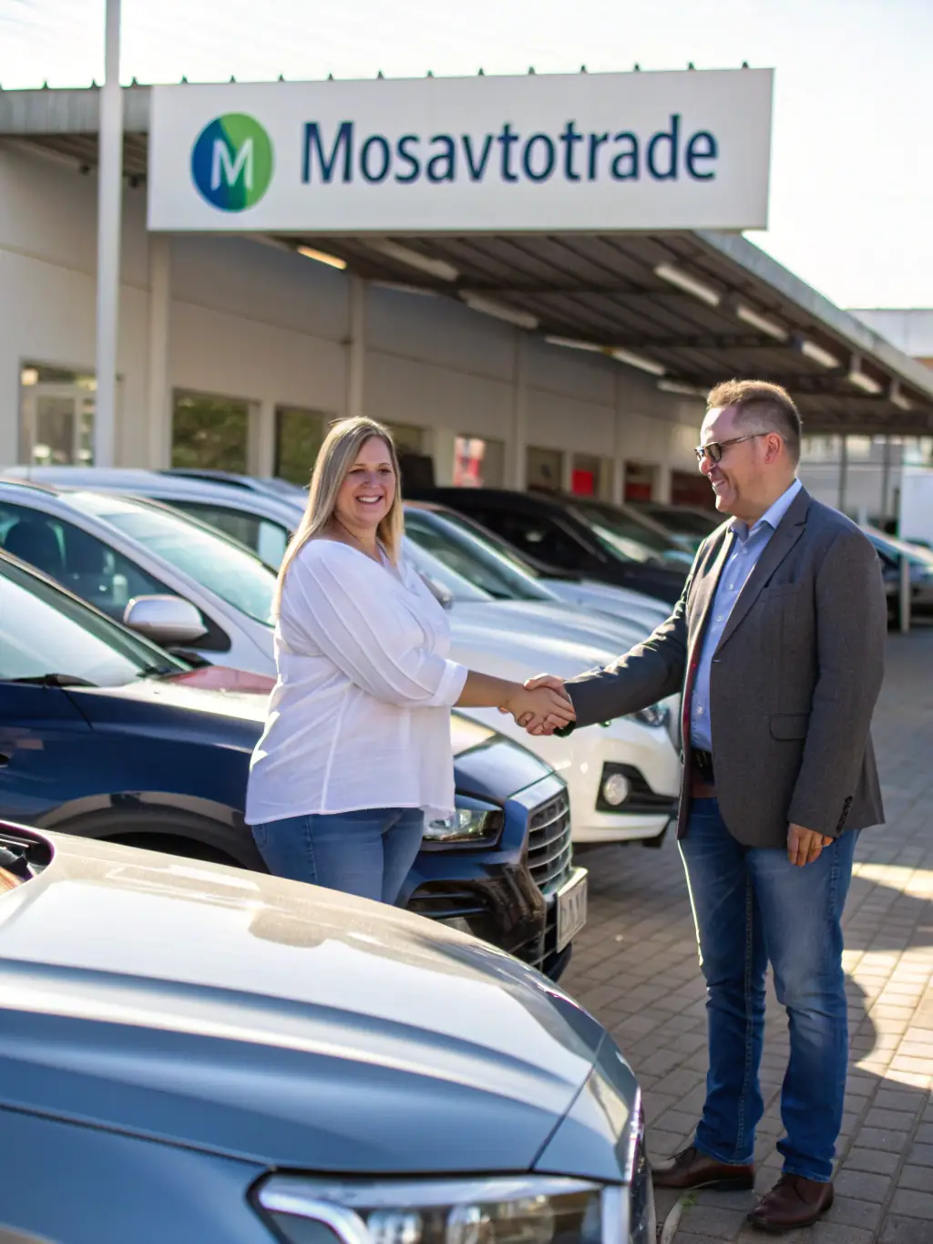 A high-quality image of a satisfied client shaking hands with a Sandstorm Import LLC representative in front of a newly imported vehicle.