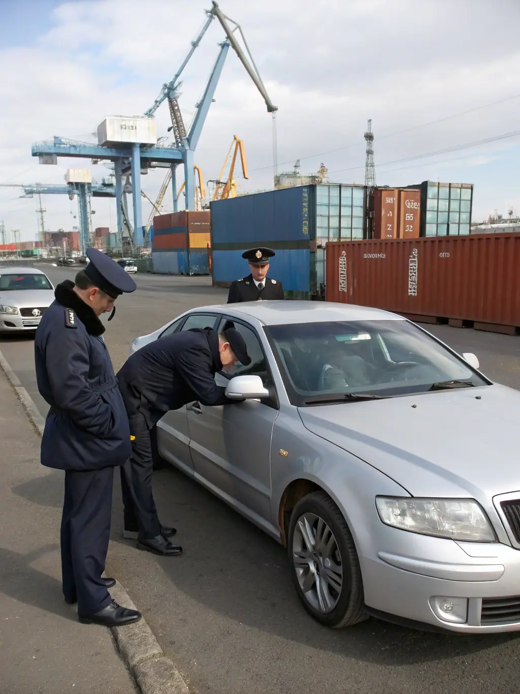 A professional photograph of customs officials inspecting a vehicle at a border crossing, highlighting Sandstorm Import LLC's commitment to compliance.