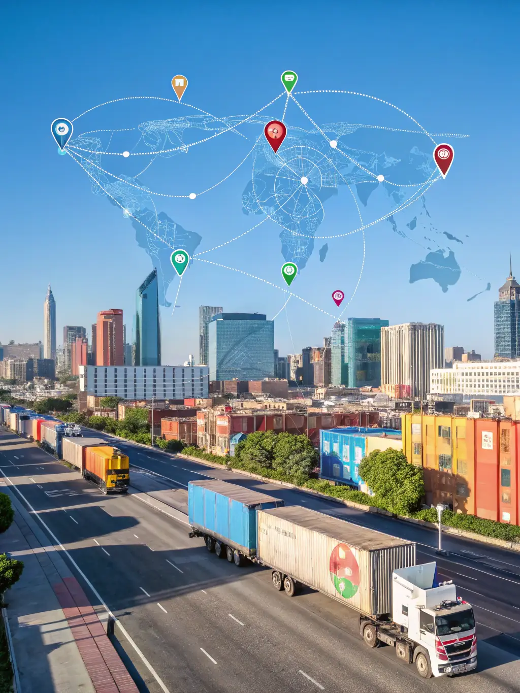 A digital illustration depicting various types of vehicles (cars, trucks, motorcycles) being transported on a map highlighting different geographical regions.