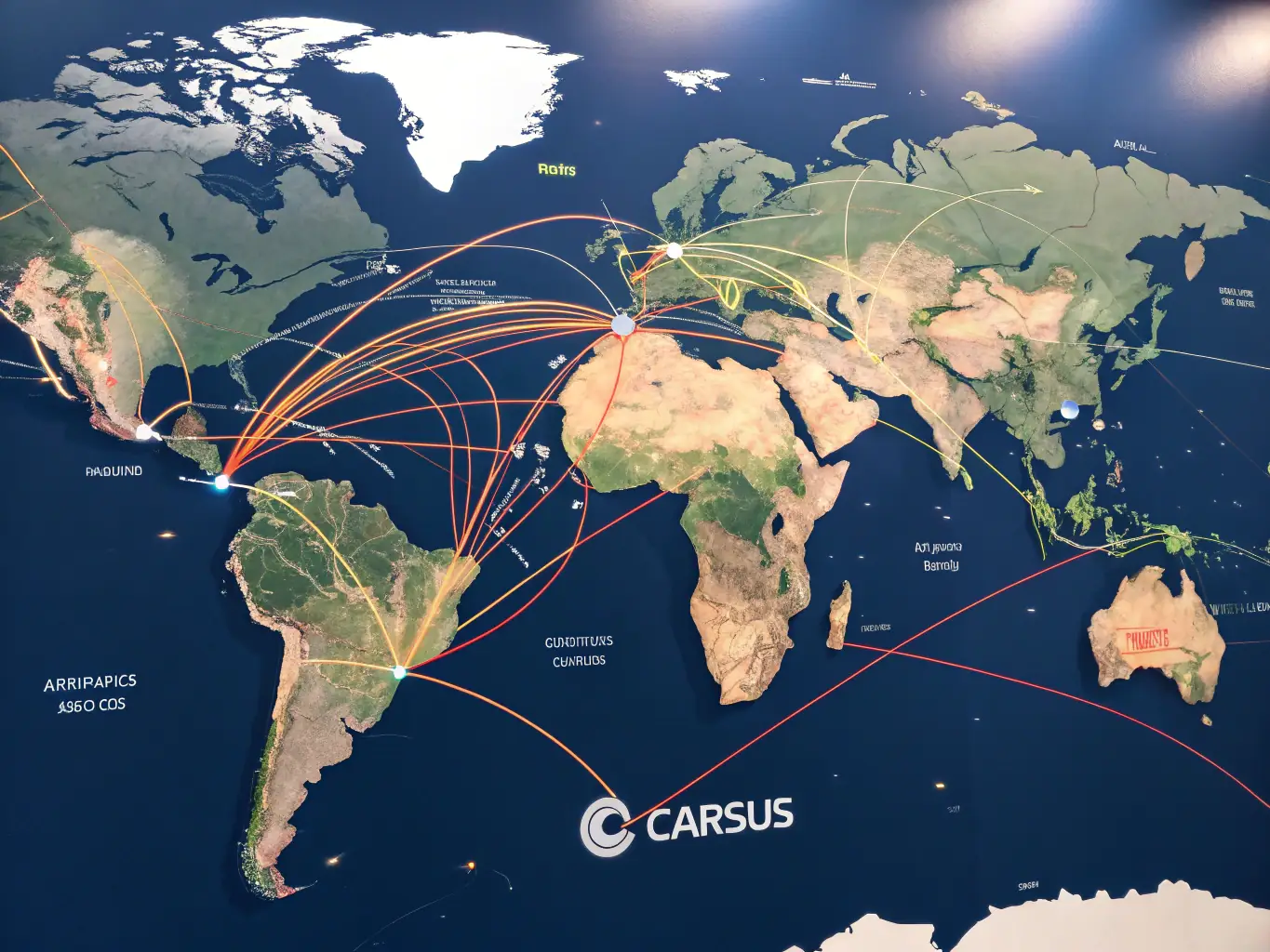 A world map highlighting key regions where Sandstorm Import operates, with vehicles moving across continents, symbolizing the company's global reach and efficient logistics network.